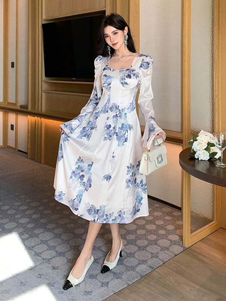 Women's Elegant Large Floral Print Dress, Summer Maxi Dress