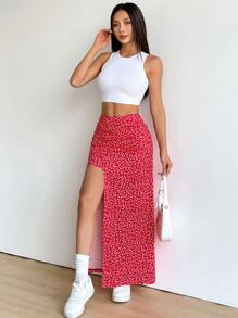 Falda larga con diseño floral pequeño y abertura en el dobladillo - Rojo - Ver 4