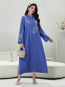 Al Najma 女式立领长袖刺绣休闲优雅阿拉伯连衣裙，端庄 - 藍色 - 查看 2