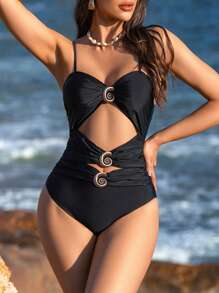 SHEIN Swim Damski, bardzo elastyczny, czarny, z wycięciem z przodu i dekoracją z muszli, jednoczęściowy kostium kąpielowy, na letnie wakacje