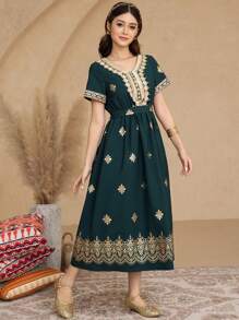 Teen Girl Gold Foil Floral Pattern Trim Neck Style Dress - Dark Green - View 6