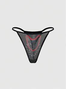 ROMWE Grunge Punk Gothic Punk Style Cat Print Mesh Thong Panties - Multicolor - View 1