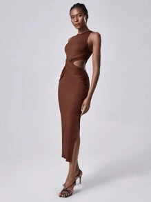 SHEIN Luminelle Đầm dài hở eo màu nâu gợi cảm cho nữ - Cà phê nâu - Xem 7