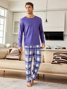 CoupledUp Conjunto de pijama casual de manga larga a cuadros y de color block para hombre