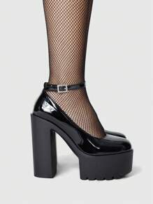 ROMWE Goth 女式哥特摇滚朋克鞋带踝带，防水厚底粗跟封闭式鞋头新娘婚礼派对礼服正式工作高跟鞋 - 黑色 - 查看 3