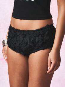 SUMWON WOMEN Quần short cạp cao họa tiết hoa hồng thiết kế, quần lửng gợi cảm, trang phục dự tiệc khiêu vũ, tiệc tùng, co giãn, phù hợp với mùa hè - màu đen - Xem 3