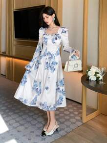 DAZY Women's Elegant Large Floral Print Dress, Summer Maxi Dress - White - View 2