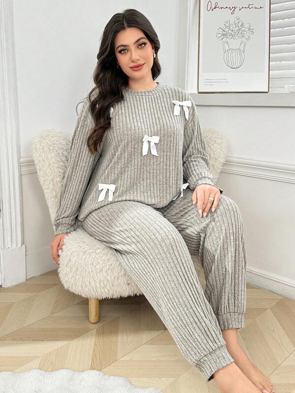Plus Size Bow Decor Casual Knitted Pajama Set