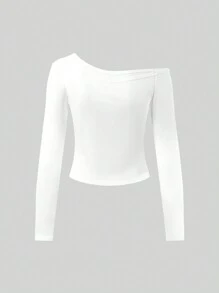 女士纯色不对称领口长袖修身 T 恤，休闲日常穿着 - 白色 - 查看 2