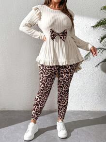 SHEIN Essnce Plus Size damski garnitur, garnitur z kokardą, ładny garnitur, zestawy damskie z kokardą, stroje wyjściowe na wiosnę, swobodny garnitur z nadrukiem w panterkę - Morela - Zobacz 6