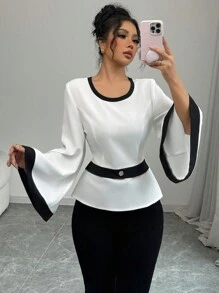 Selianne 女士撞色拼接圆领休闲衬衫，时尚日常穿着