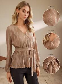 SHEIN Clasi Blusa informal de mujer de unicolor con cuello en V y manga larga