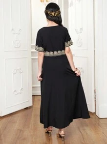 SHEIN 青少年女孩优雅 V 领短袖缀饰 A 字裙 - 彩色 - 查看 2