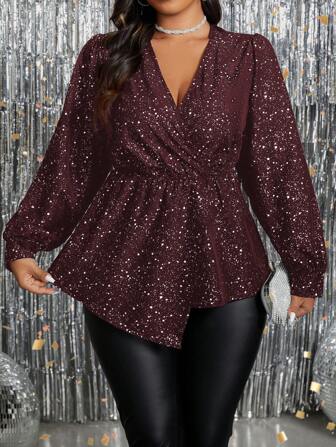 Plus Size Fashion Silver Foil Asymmetric Hem Blouse, Autumn Peplum Top