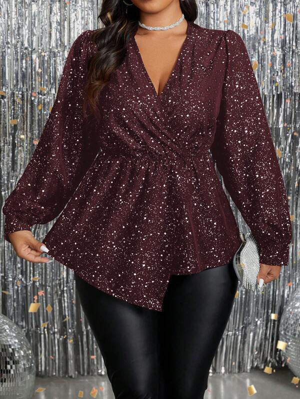 Plus Size Fashion Silver Foil Asymmetric Hem Blouse, Autumn Peplum Top