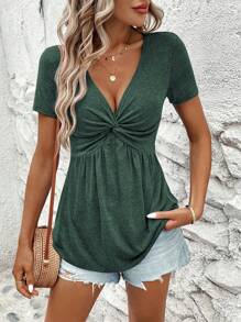 Breezaya 女士正面扭纹荷叶边短袖 V 领 T 恤