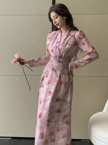 DAZY 女式花卉印花 V 领收腰连衣裙，粉色，假日和度假海滩，春秋季挤奶女工连衣裙长袖连衣裙