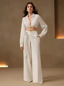 Anewsta White Casual Straight Leg Wrap-Around With Tie Waist Pants, Versatile Commuting Trousers - White - View 2