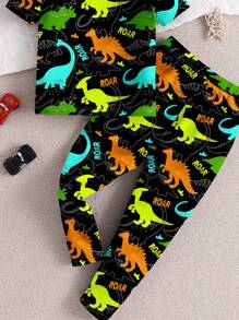 Boys' Casual Simple Snug Fit Round Neck Short Sleeve Pants Loungewear Set, Suitable For All Seasons - Multicolor - View 3