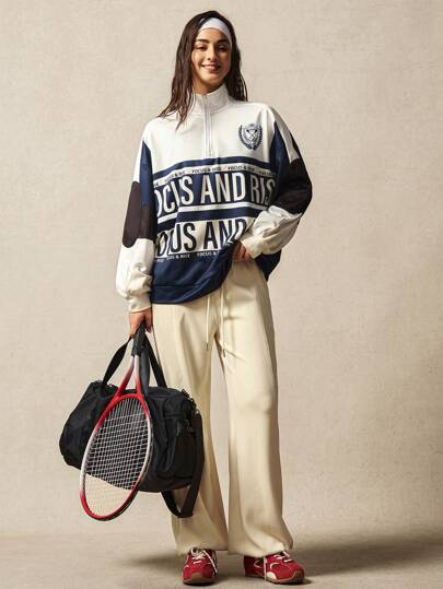 VARSITIE Long Sleeve Workout Top High Collar Long Sleeve Loose Fit Digital Print Jacket