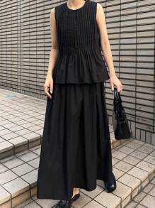 FRIFUL Conjunto de 2 piezas para mujer: Blusa negra fruncida y falda de cintura alta, estilo vintage para vacaciones