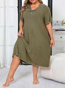 Camisón de talla grande con cuello de volantes en contraste de color - Verde Oliva - Ver 3