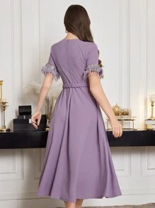 Modelyn 优雅奢华珍珠刺绣拼布女式连衣裙，青春洋溢