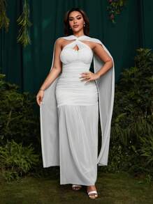 SHEIN Belle Vestido de estilo francés de cuello halter - Parche de malla, volantes, ajustado, espalda descubierta, largo, vestido elegante de vacaciones - Blanco - Ver 1