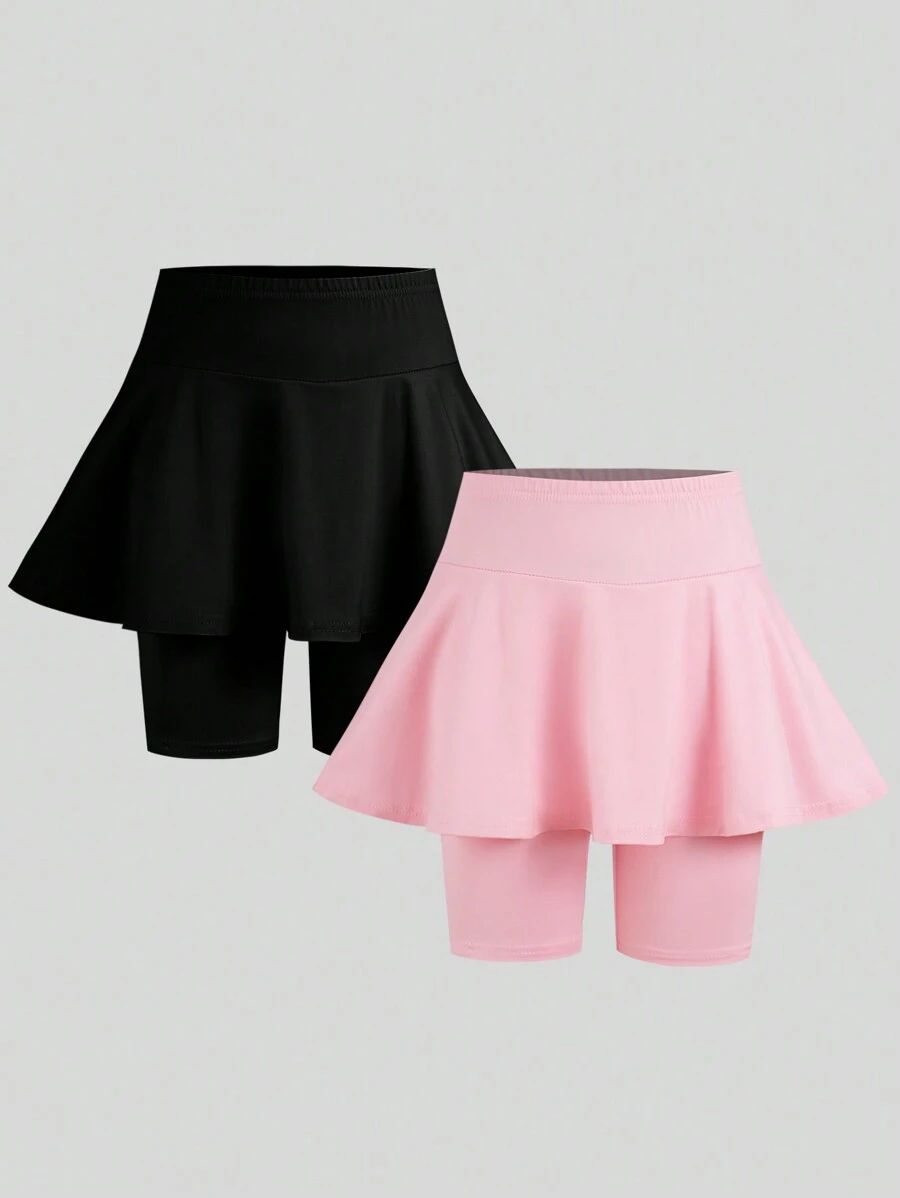 2pcs/Set Tween Girls Skirt With Leggings Combo, Pink & Black, School, Campus, College - Multicolor - View 1