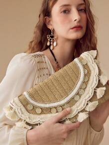 MOTF PREMIUM WOMEN'S VACATION FRINGE TAPE TRIM FLAP WOVEN CLUTCH BAG - Khaki - View 1