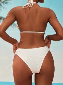 SHEIN Swim Women's Solid Color Front-Tie Bikini Top And Bottom Set, For Summer Beach Vacation - Beige - View 2