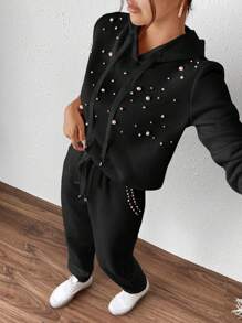 SHEIN Essnce Women's Solid Color Beaded Decor Drawstring Hoodie And Sweatpants 2pcs Set, Casual - Black - View 3