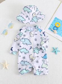 SHEIN 2pcs/Set Newborn Baby Boy/Girl Cartoon Dinosaur Print Long Sleeve Jumpsuit & Tight Pants With Sun Hat, Perfect For Spring/Summer Travel, Beach, Swimming - White - View 3