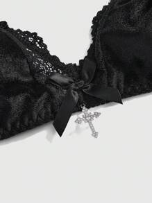 ROMWE Goth Conjunto de lencería gótica de terciopelo oscuro con encaje, sujetador y pantis con triángulos