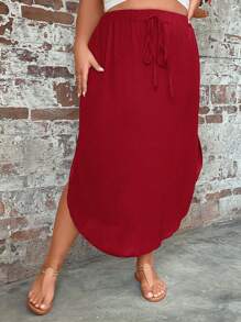 SHEIN LUNE Plus Size Solid Color Front Tie Minimalist Skirt, Casual Daily Wear - Red - View 7