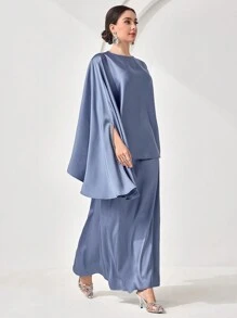 Veilorie Conjunto de top de manga tipo murciélago y falda elegante para mujer, conjunto de estilo árabe