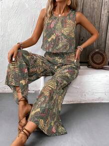 EMERY ROSE Conjunto de 2 piezas estilo bohemio con top corto de cuello redondo con estampado vintage y pantalones de pierna ancha, conjunto informal de playa y vacaciones de verano para mujer