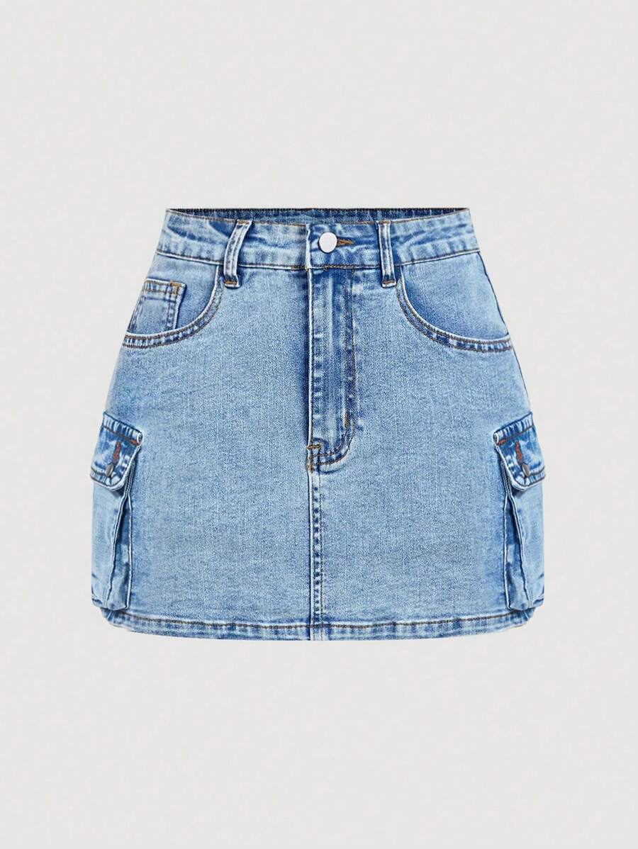 SHEIN MOD 女士实用口袋合身休闲牛仔迷你裙 - 藍色 - 查看 1