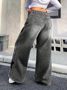 SHEIN ICON 大码女式喇叭牛仔裤，配星星图案口袋 - 淺灰色 - 查看 2