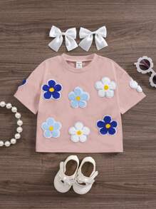 SHEIN Baby Girl Casual Floral Applique Short Sleeve Top