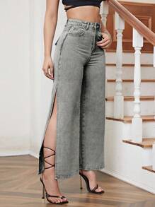 SHEIN Essnce Pantaloni casual din denim pentru damă, cu tăietură laterală - Gri deschis - Vizualizare 5