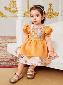 SHEIN Gaun Bayi Perempuan Cantik Musim Panas Bermotif Bunga yang Elegan - Kuning - View 5