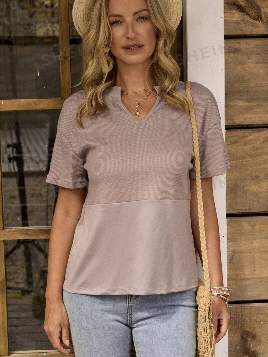 LanaWest Camiseta de manga corta con cuello redondo, con diseño de parche de patrón de gofre, versátil para primavera/verano - Rosa vieja - Ver 1