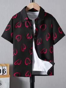 Tween Boy Valentine's Day Casual Short Sleeve Shirt, Collared Heart Print Top For Summer - Black - View 4