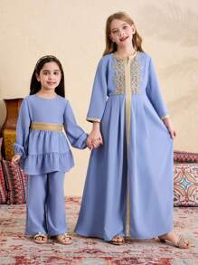 Tween Girl Casual Floral Trim Ribbons Long Dress - Blue - View 2