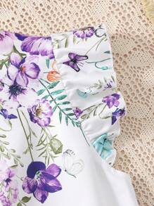 SHEIN Teen Girl ,Purple,Flower Printed Cap Sleeves With Ruffles,Round Neck Top And Paperbag Waist Pants Two Pieces Set,Leisure Travel, Holidays, Vacations Holiday Outfits - Purple - View 3