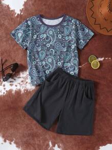 SHEIN 2pcs Young Boys Spring & Summer Vacation Casual Retro Printed T-Shirt Paired With Gray Pants Set, Suitable For Outdoor Activities, Daily Wear And Vacation