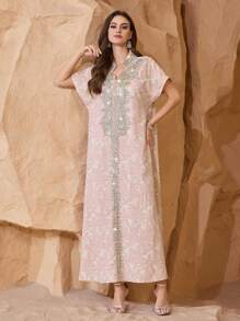Al Najma Vestido de señora elegante y lujoso con parches de jacquard, lentejuelas bordadas y diseño holgado, vestidos árabes, modesto