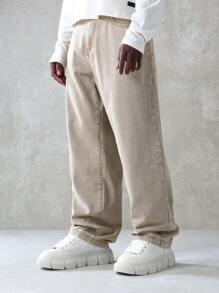 SUMWON 溜冰者版型设计师牛仔裤宽松阔腿休闲牛仔裤经典休闲街头风四季舒适棉质时尚长裤 - 卡其色 - 查看 2