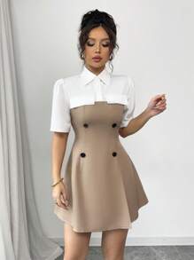 Elenzga Women's Front Button Short Sleeve Minimalist Color Block 2 In 1 Shirt Dress - Khaki - View 3